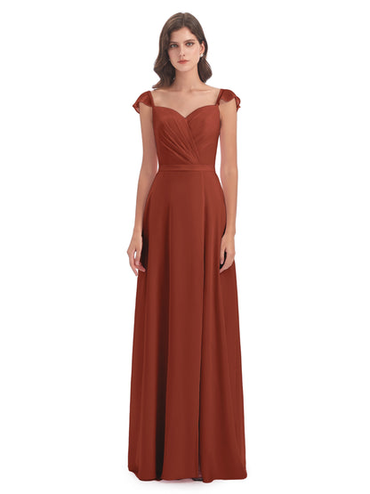 Mylah Sheath Cap Sleeves Split Chiffon Long Bridesmaid Dresses