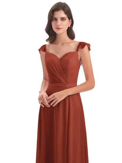 Mylah Sheath Cap Sleeves Split Chiffon Long Bridesmaid Dresses