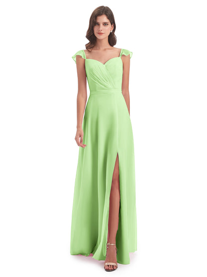 Mylah Sheath Cap Sleeves Split Chiffon Long Bridesmaid Dresses