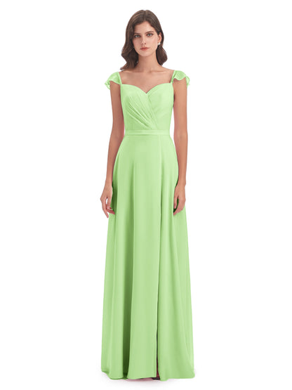 Mylah Sheath Cap Sleeves Split Chiffon Long Bridesmaid Dresses