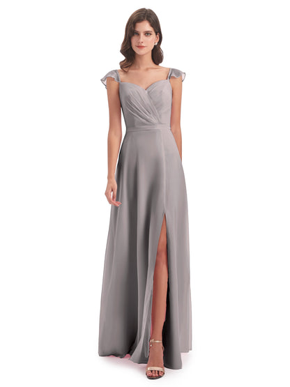 Mylah Sheath Cap Sleeves Split Chiffon Long Bridesmaid Dresses