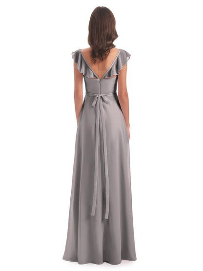 Mylah Sheath Cap Sleeves Split Chiffon Long Bridesmaid Dresses