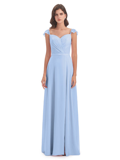 Mylah Sheath Cap Sleeves Split Chiffon Long Bridesmaid Dresses