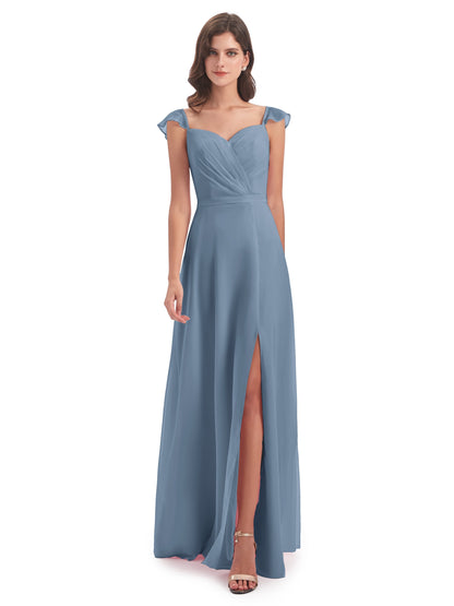 Mylah Sheath Cap Sleeves Split Chiffon Long Bridesmaid Dresses