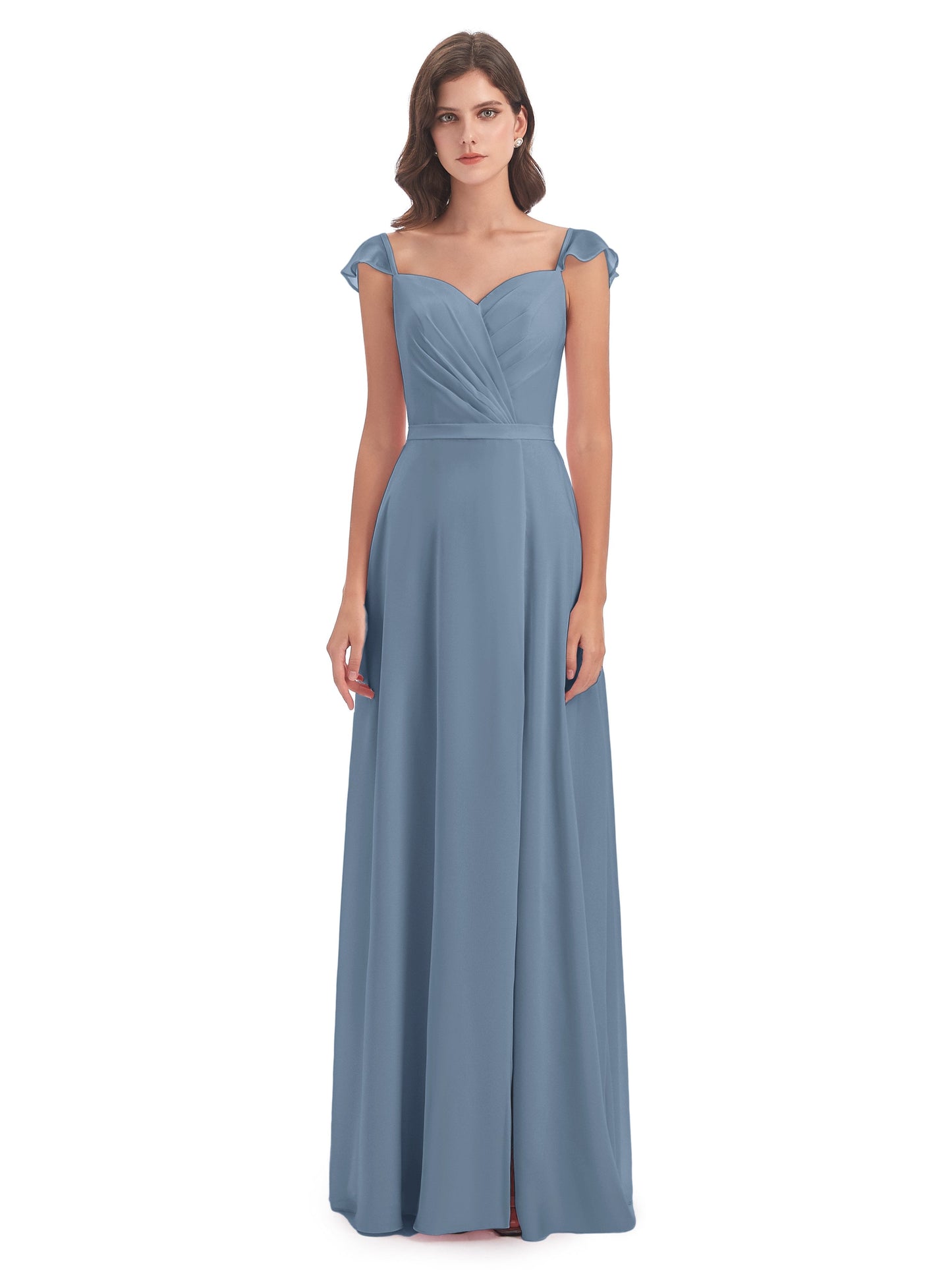 Mylah Sheath Cap Sleeves Split Chiffon Long Bridesmaid Dresses