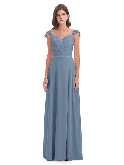 Mylah Sheath Cap Sleeves Split Chiffon Long Bridesmaid Dresses