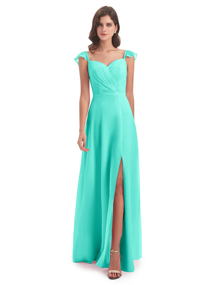 Mylah Sheath Cap Sleeves Split Chiffon Long Bridesmaid Dresses