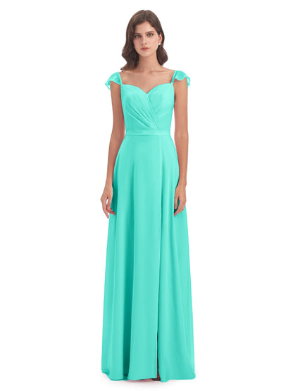 Mylah Sheath Cap Sleeves Split Chiffon Long Bridesmaid Dresses