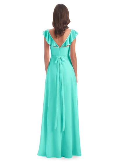 Mylah Sheath Cap Sleeves Split Chiffon Long Bridesmaid Dresses