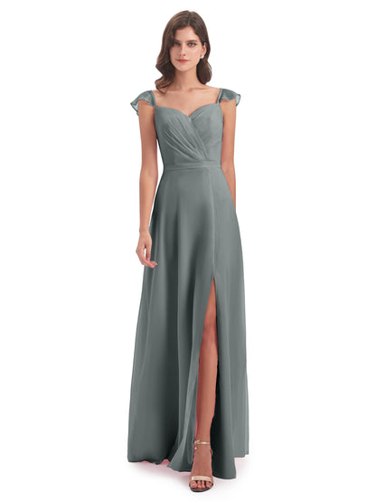 Mylah Sheath Cap Sleeves Split Chiffon Long Bridesmaid Dresses