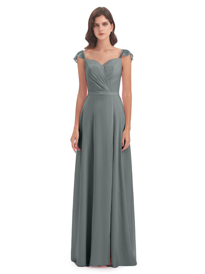Mylah Sheath Cap Sleeves Split Chiffon Long Bridesmaid Dresses