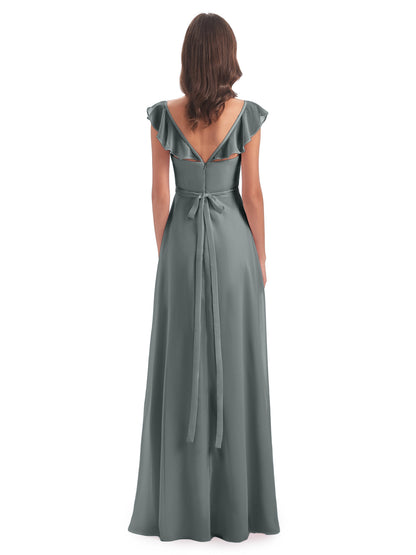 Mylah Sheath Cap Sleeves Split Chiffon Long Bridesmaid Dresses