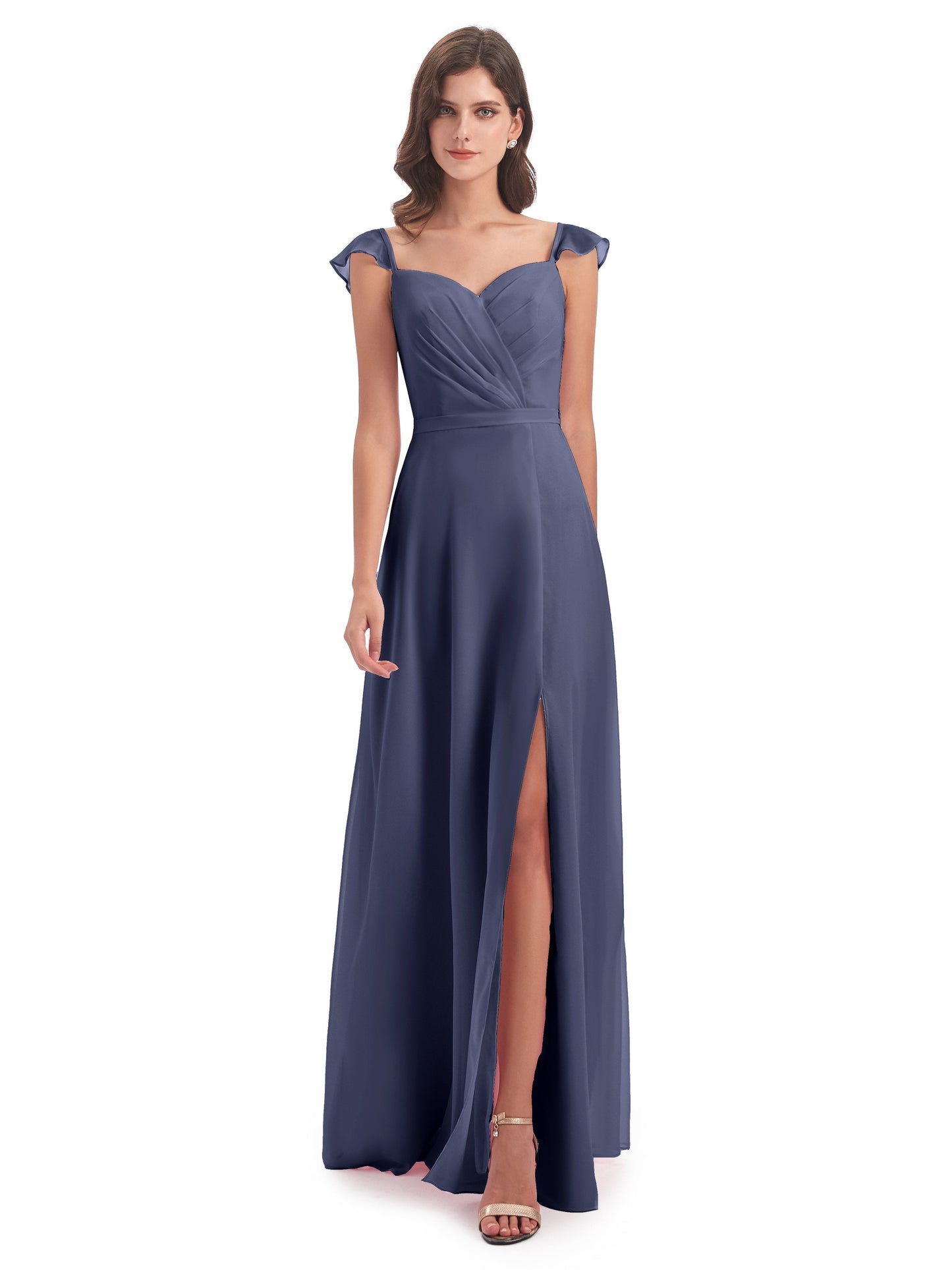 Mylah Sheath Cap Sleeves Split Chiffon Long Bridesmaid Dresses