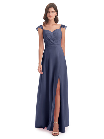 Mylah Sheath Cap Sleeves Split Chiffon Long Bridesmaid Dresses