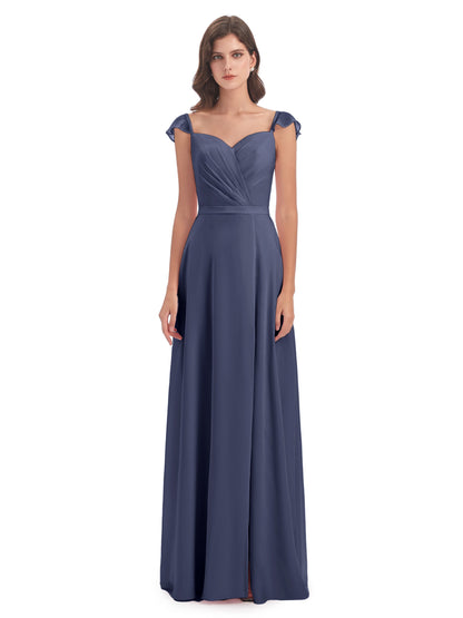 Mylah Sheath Cap Sleeves Split Chiffon Long Bridesmaid Dresses