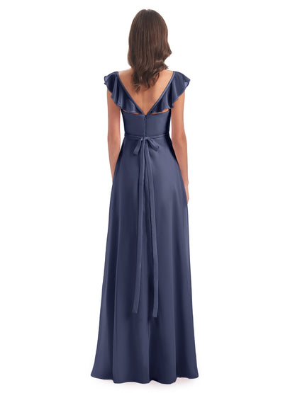 Mylah Sheath Cap Sleeves Split Chiffon Long Bridesmaid Dresses