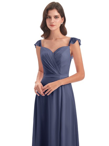 Mylah Sheath Cap Sleeves Split Chiffon Long Bridesmaid Dresses