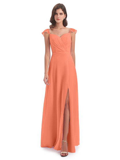 Mylah Sheath Cap Sleeves Split Chiffon Long Bridesmaid Dresses