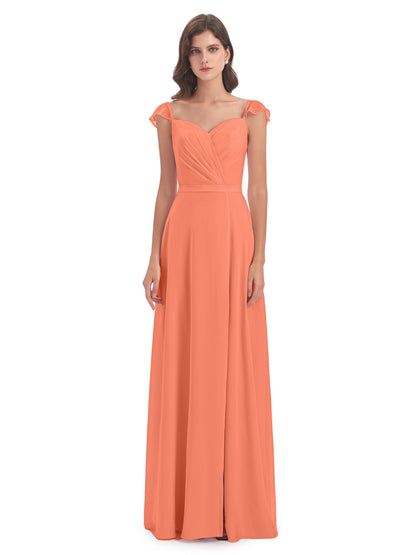Mylah Sheath Cap Sleeves Split Chiffon Long Bridesmaid Dresses