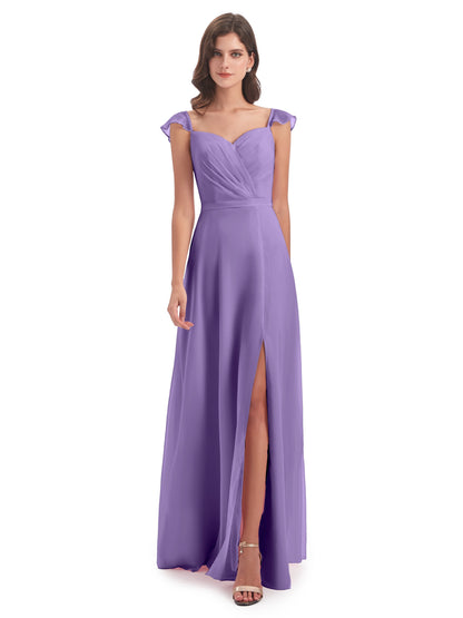 Mylah Sheath Cap Sleeves Split Chiffon Long Bridesmaid Dresses