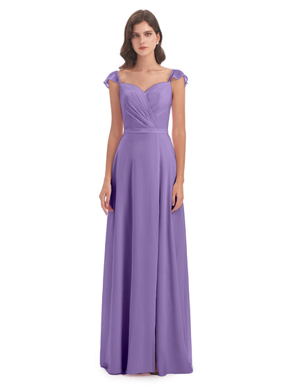 Mylah Sheath Cap Sleeves Split Chiffon Long Bridesmaid Dresses