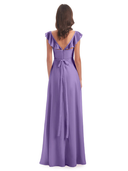 Mylah Sheath Cap Sleeves Split Chiffon Long Bridesmaid Dresses