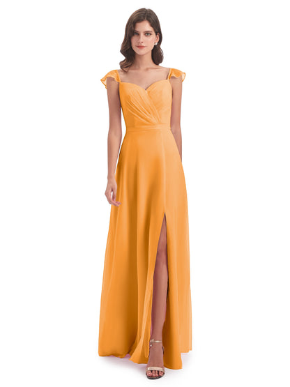 Mylah Sheath Cap Sleeves Split Chiffon Long Bridesmaid Dresses