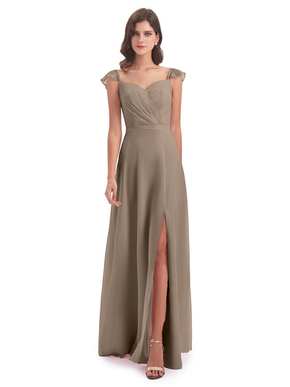 Mylah Sheath Cap Sleeves Split Chiffon Long Bridesmaid Dresses