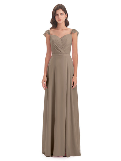 Mylah Sheath Cap Sleeves Split Chiffon Long Bridesmaid Dresses