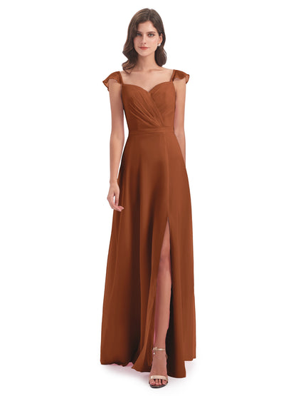 Mylah Sheath Cap Sleeves Split Chiffon Long Bridesmaid Dresses