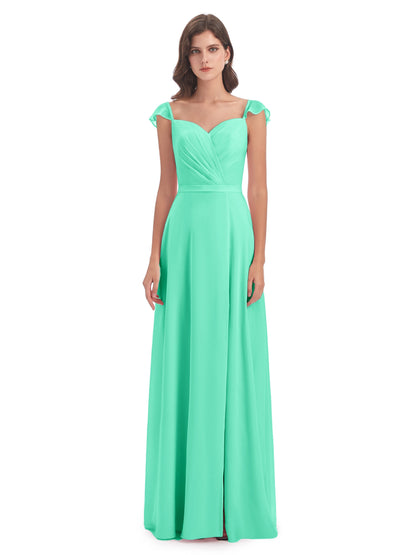 Mylah Sheath Cap Sleeves Split Chiffon Long Bridesmaid Dresses