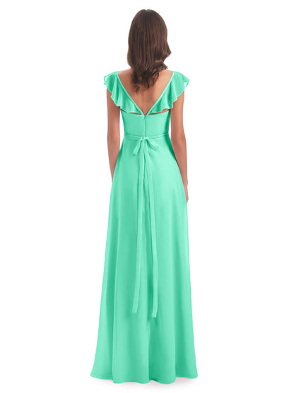 Mylah Sheath Cap Sleeves Split Chiffon Long Bridesmaid Dresses