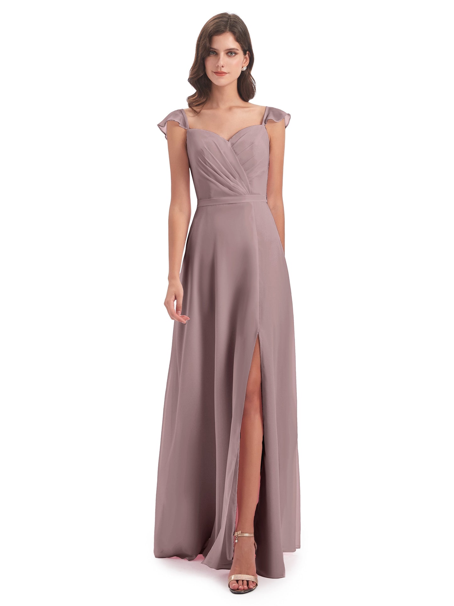 Mylah Sheath Cap Sleeves Split Chiffon Long Bridesmaid Dresses
