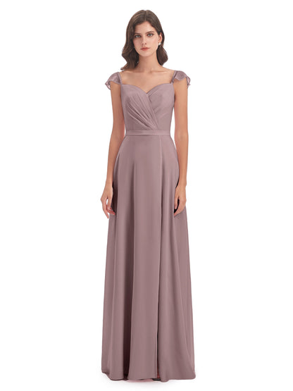 Mylah Sheath Cap Sleeves Split Chiffon Long Bridesmaid Dresses