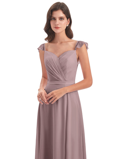 Mylah Sheath Cap Sleeves Split Chiffon Long Bridesmaid Dresses