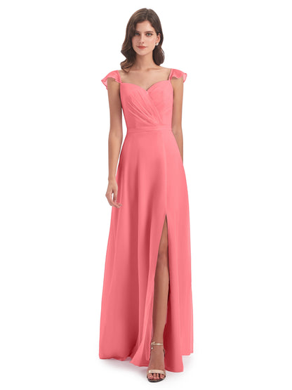 Mylah Sheath Cap Sleeves Split Chiffon Long Bridesmaid Dresses