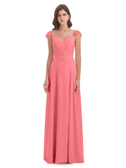 Mylah Sheath Cap Sleeves Split Chiffon Long Bridesmaid Dresses