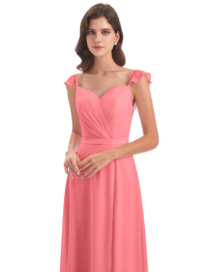 Mylah Sheath Cap Sleeves Split Chiffon Long Bridesmaid Dresses