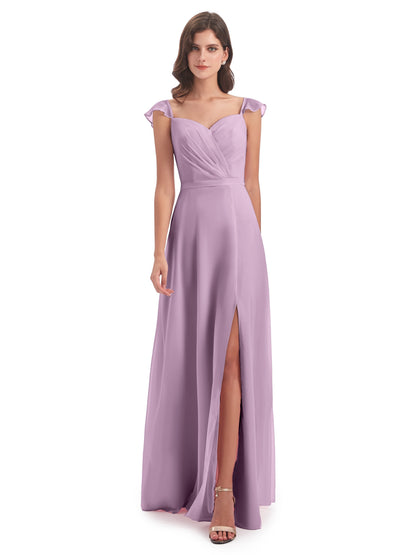 Mylah Sheath Cap Sleeves Split Chiffon Long Bridesmaid Dresses