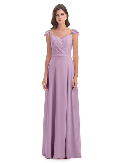 Mylah Sheath Cap Sleeves Split Chiffon Long Bridesmaid Dresses