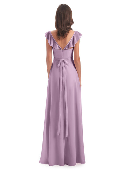 Mylah Sheath Cap Sleeves Split Chiffon Long Bridesmaid Dresses