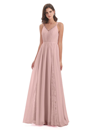 Nathalia Floor Length V-neck Chiffon Bridesmaid Dresses
