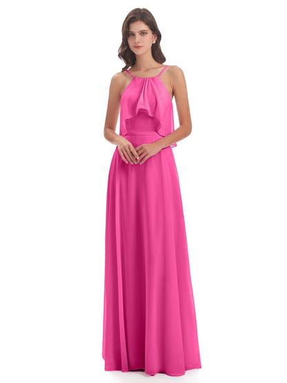 Paisley Halter Ruffles Chiffon Long Bridesmaid Dresses