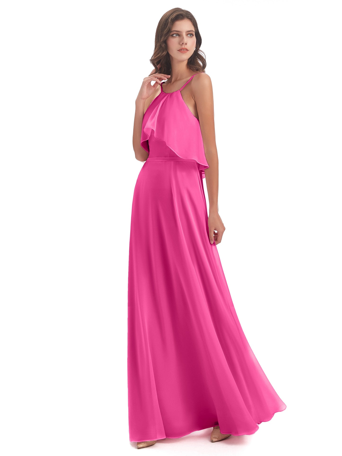 Paisley Halter Ruffles Chiffon Long Bridesmaid Dresses