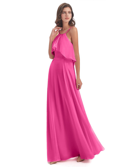 Paisley Halter Ruffles Chiffon Long Bridesmaid Dresses