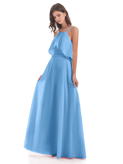 Paisley Halter Ruffles Chiffon Long Bridesmaid Dresses