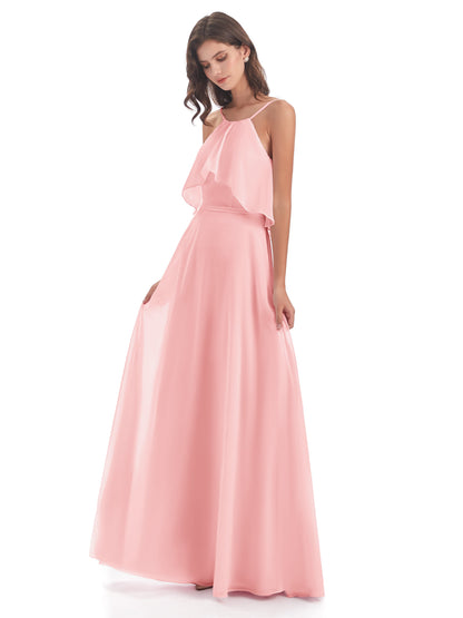 Paisley Halter Ruffles Chiffon Long Bridesmaid Dresses