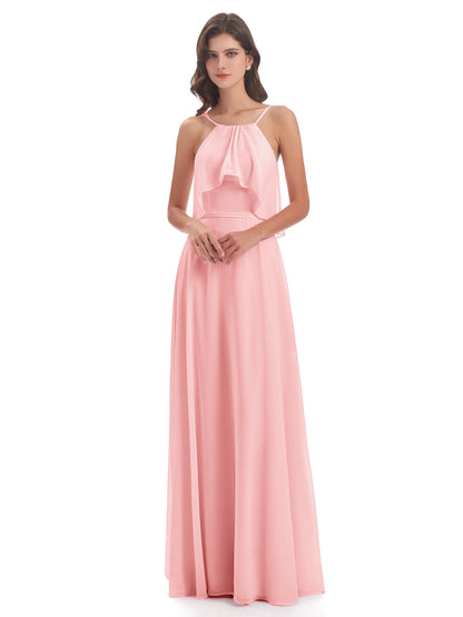 Paisley Halter Ruffles Chiffon Long Bridesmaid Dresses