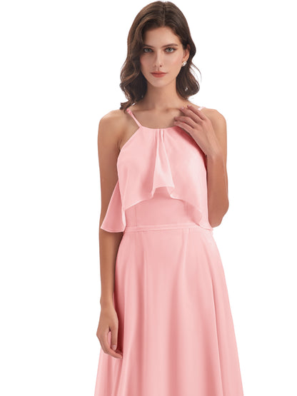 Paisley Halter Ruffles Chiffon Long Bridesmaid Dresses