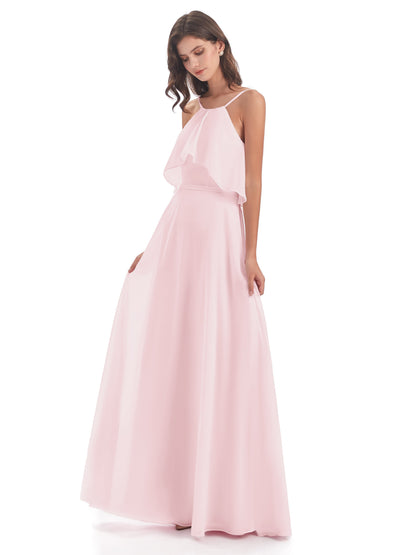 Paisley Halter Ruffles Chiffon Long Bridesmaid Dresses